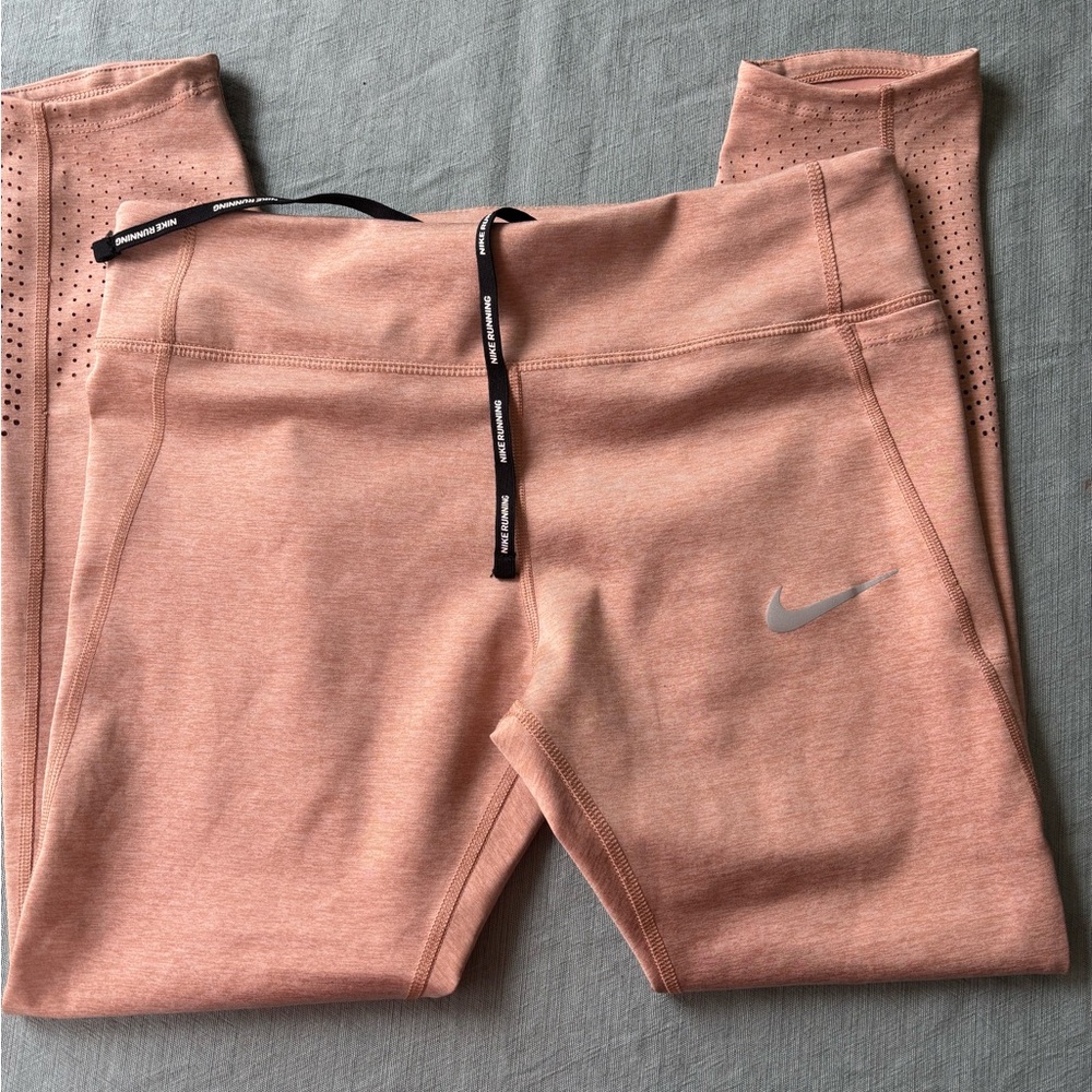 Nike Running Size L Leggings Peachy Pink with Silver Logo zip pocket calf length